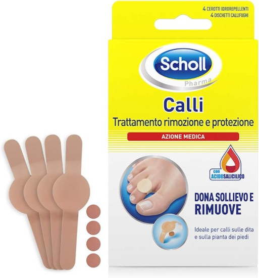 SCHOLL CEROTTO CALLIFUGO RIMOZIONE PROTEZIONE CALLI 4 CEROTTI IDROREPELLENTI + 4 DISCHETTI CALLIFUGHI - maxifarmacia.it