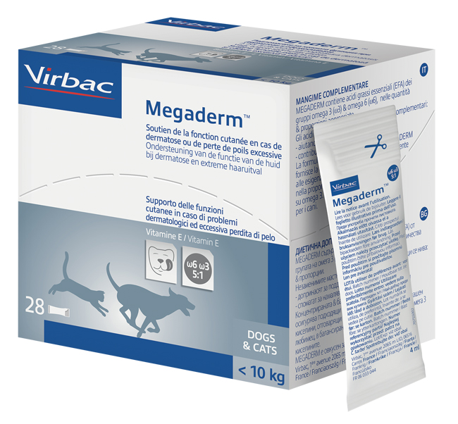 MEGADERM SUPPLEMENTO GATTI E CANI INFERIORI A 10 KG SCATOLA DA 32 SACCHETTI MONODOSE 4 ML - maxifarmacia.it