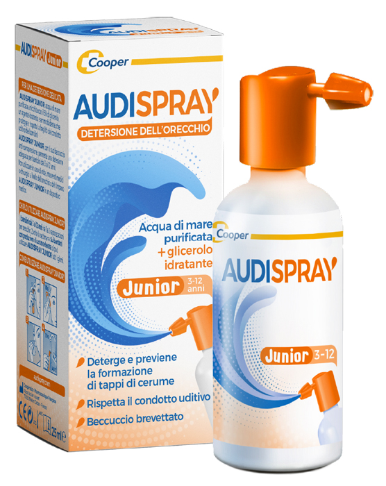 AUDISPRAY JUNIOR 3-12 ANNI SOLUZIONE DI ACQUA DI MARE IPERTONICA SPRAY SENZA GAS IGIENE ORECCHIO 25ML - maxifarmacia.it