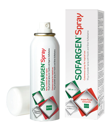 MEDICAZIONE IN POLVERE SPRAY CON CAOLINO E ARGENTO SULFADIAZINA 1% SOFARGEN SPRAY 10 G BOMBOLETTA PRESSURIZZATA 125 ML - maxifarmacia.it