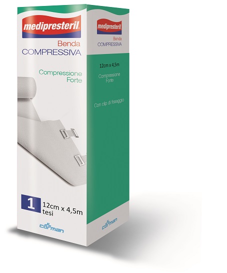 BENDA MEDIPRESTERIL COMPRESSIONE FORTE M4,5X12CM TESI CON CLIP DI FISSAGGIO - maxifarmacia.it