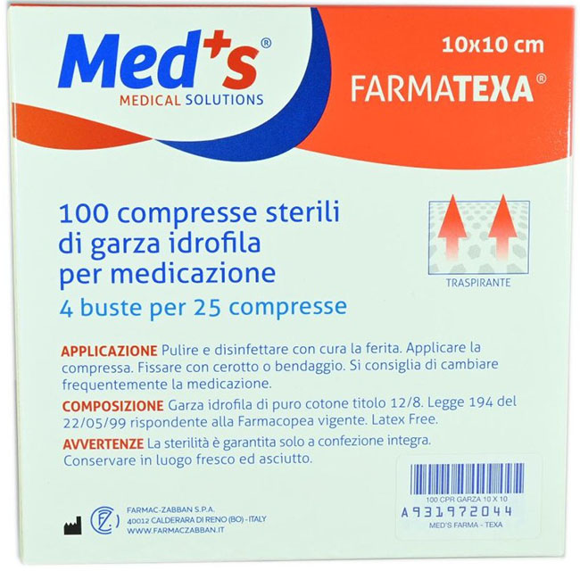 GARZA COMPRESSA IDROFILA MEDS FARMATEXA 2/8 10X10CM 100 PEZZI - maxifarmacia.it