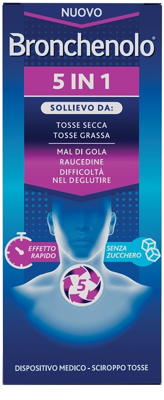 BRONCHENOLO 5 IN 1 SCIROPPO TOSSE 120 ML SENZA ZUCCHERO, ALCOL, LATTOSIO, GLUTINE, COLORANTI ARTIFICIALI E OGM - maxifarmacia.it
