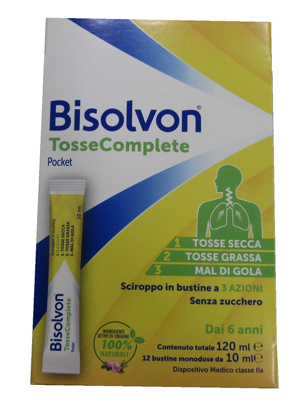 BISOLVON TOSSE COMPLETE POCKET SCIROPPO 12 BUSTINE DA 10 ML SENZA ZUCCHERO SENZA GLUTINE SENZA LATTOSIO - maxifarmacia.it