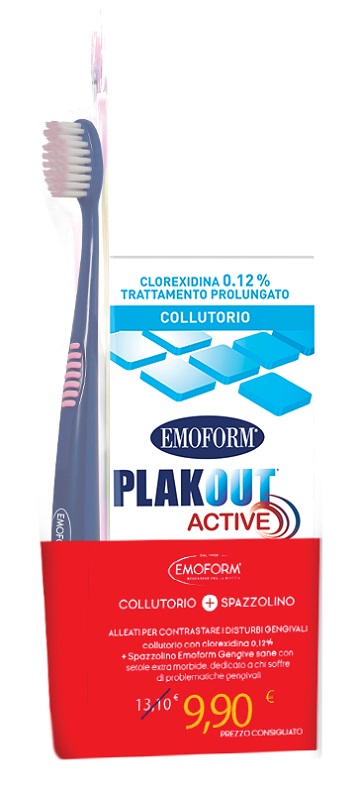 EMOFORM PLAK OUT ACTIVE COLLUTORIO 0,12% CLOREXIDINA 200 ML + EMOFORM GENGIVE SANE SPAZZOLINO - maxifarmacia.it