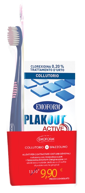 EMOFORM PLAK OUT ACTIVE COLLUTORIO 0,20% CLOREXIDINA 200 ML + EMOFORM GENGIVE SANE SPAZZOLINO - maxifarmacia.it