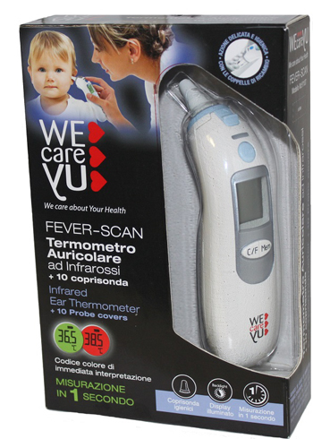 TERMOMETRO AURICOLARE WECAREYU FEVER-SCAN AD INFRAROSSI CON 10 COPRISONDA - maxifarmacia.it