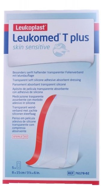 LEUKOMED T PLUS SKIN SENSITIVE MEDICAZIONE POST-OPERATORIA TRASPARENTE IMPERMEABILE CON MASSA ADESIVA AL SILICONE 8X15CM 5 PEZZI - maxifarmacia.it