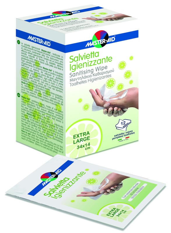 MASTER-AID SAVIETTA IMPREGNATA DI SOLUZIONE IGIENIZZANTE XL 12 PEZZI - maxifarmacia.it