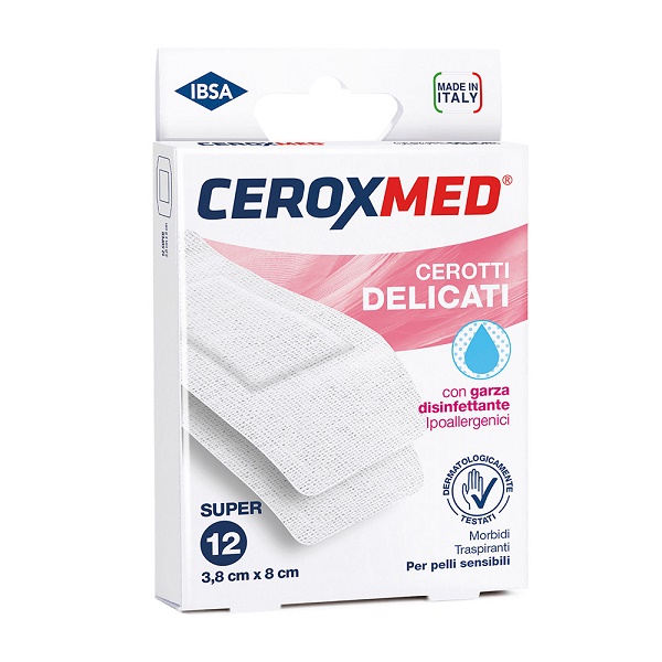 CEROTTI DELICATI CEROXMED CON GARZA DISINFETTANTE IPOALLERGENICI PER PELLI SENSIBILI SUPER 3,8X8CM 12 PEZZI - maxifarmacia.it