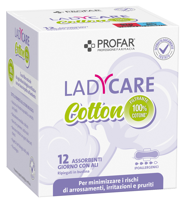 LADYCARE ASSORBENTI COTTON IPOALLERGENICI GIORNO CON ALI 12 PEZZI PROFAR - maxifarmacia.it
