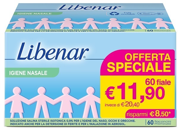 LIBENAR SOLUZIONE SALINA ISOTONICA 0,9%  PER IGIENE NASALE 60 FLACONCINI MONOUSO X 5 ML - maxifarmacia.it