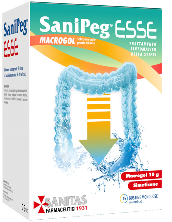 SANIPEG ESSE MACROGOL SOLUZIONE ORALE PRONTO DA BERE 15 BUSTINE MONODOSE DA 20 ML - maxifarmacia.it