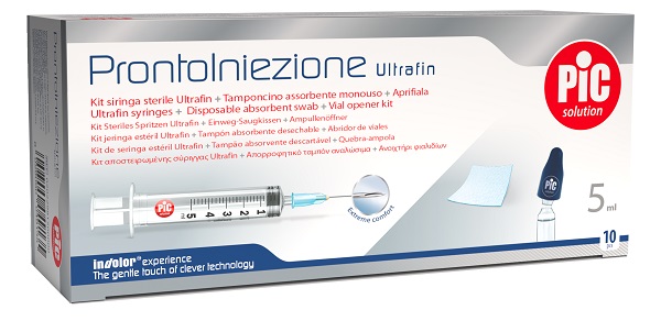 PRONTOINIEZIONE ULTRAFIN KIT SIRINGA STERILE 5 ML GAUGE 23 10 PEZZI + TAMPONCINO ASSORBENTE MONOUSO + APRIFIALA - maxifarmacia.it