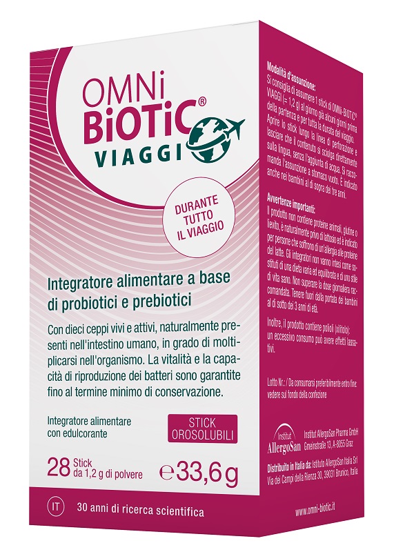 OMNI BIOTIC VIAGGI 28 STICK OROSOLUBILI DA 1,2 G CON EDULCORANTE SENZA GLUTINE SENZA LATTOSIO - maxifarmacia.it