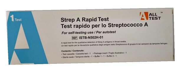 TEST ANTIGENICO RAPIDO ALLTEST STREP A RILEVAZIONE QUALITATIVA ANTIGENI STREPTOCOCCO A NEI CAMPIONI DI TAMPONE FARINGEO AUTO RACCOLTI - maxifarmacia.it