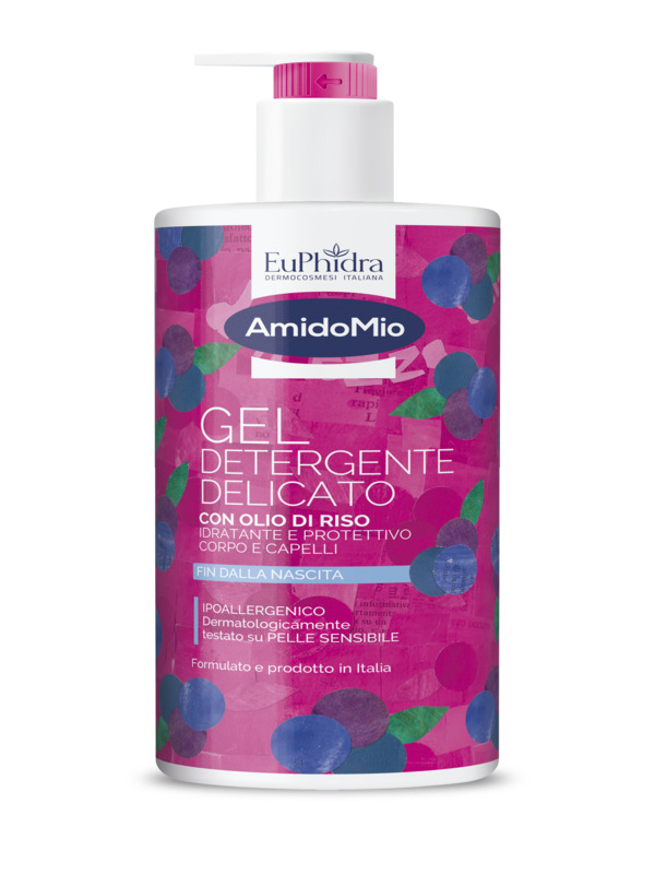 AMIDOMIO GEL DETERGENTE DELICATO CON OLIO DI RISO IDRATANTE E PROTETTIVO CORPO E CAPELLI FIN DALLA NASCITA IPOALLERGENICO 750 ML - maxifarmacia.it